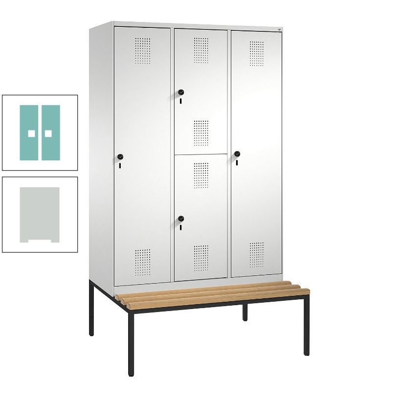 Garderobenschrank, Spind ein- und doppelstöckig Sitzbank, 3 Abteile, 4 Fächer, 2.090x1.200x500 mm (HxBxT), Front anthrazitgrau, Korpus anthrazitgrau