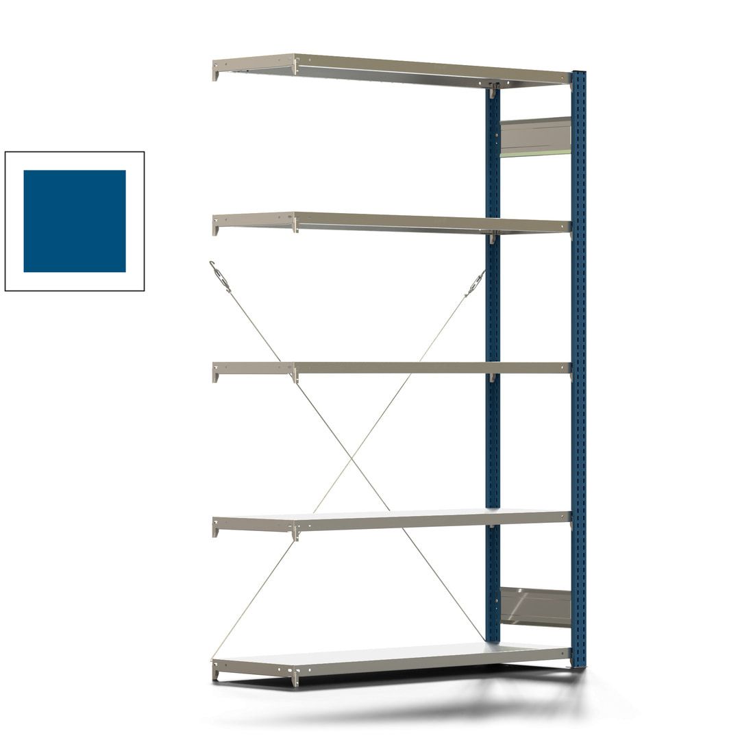 Fachbodenregal mit Tiefenriegel - 350 kg - 2.000 x 1.285 x 426 mm (HxBxT) - Anbauregal - 5 Böden - enzianblau - Lagerregal - Steckregal BERT