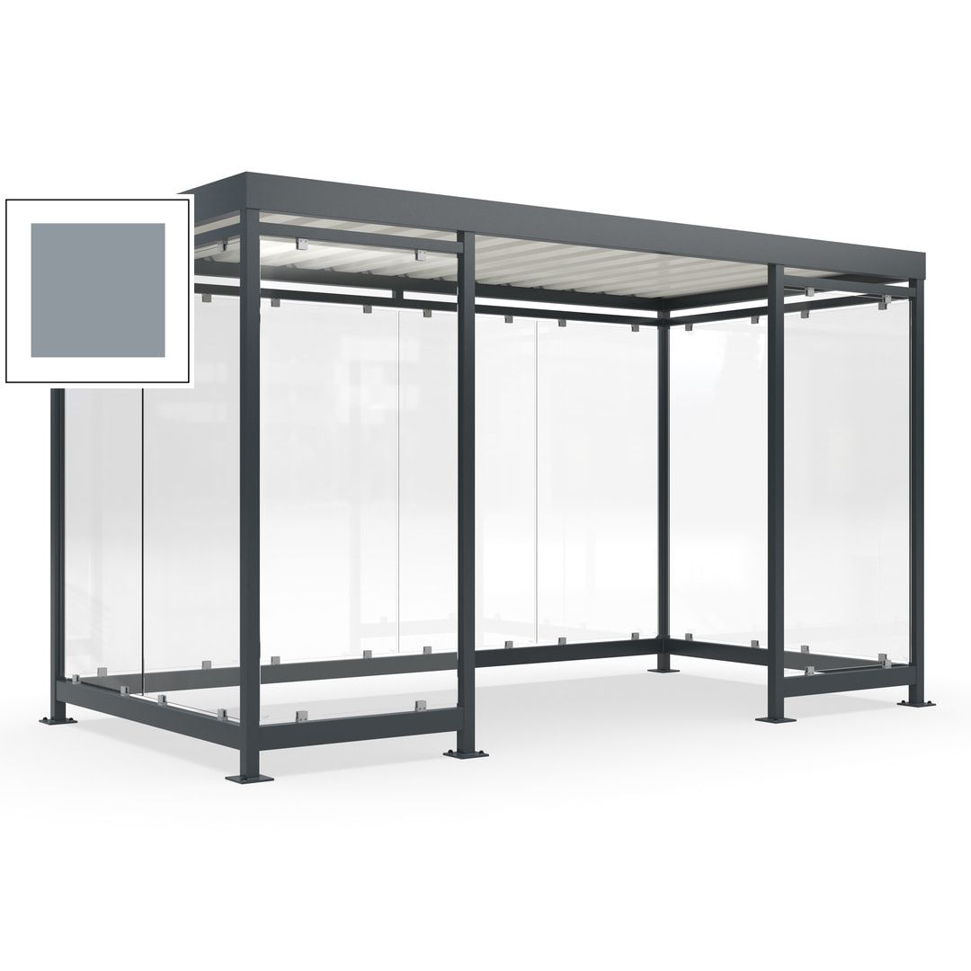 Fahrgastunterstand, Raucherunterstand, fertig montiert, Aufdübeln, 12-13 Personen, 2.510 x 4.195 x 2.165 mm (HxBxT), 10 Wände, Achatgrau