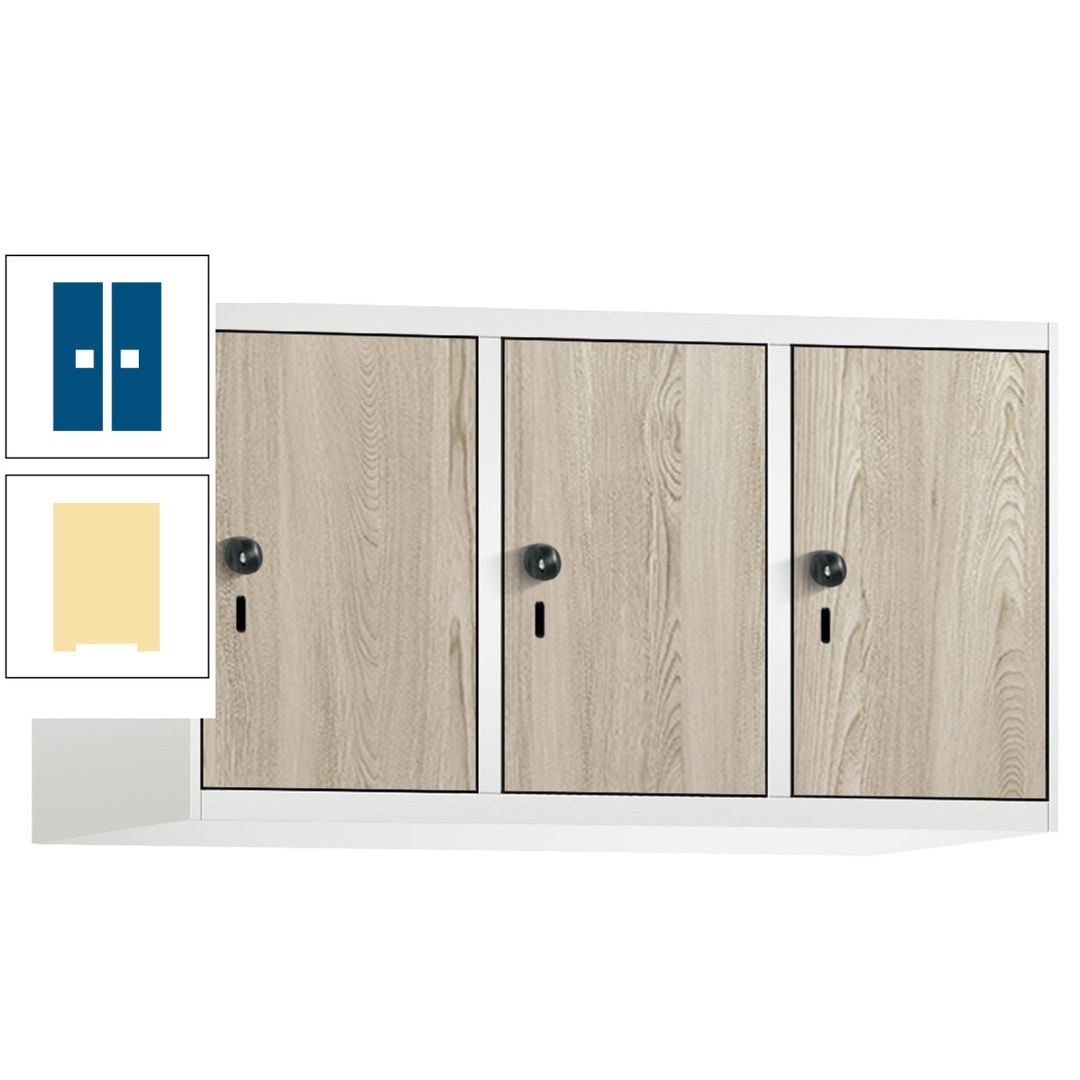 Aufsatzschrank, Schrankaufsatz, 3 Fächer a 300 mm, Farbe Pastellgelb, Tür anthrazitgrau, 500 x 900 x 500 mm (HxBxT)