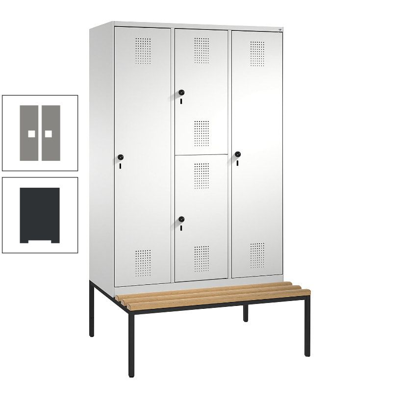 Garderobenschrank, Spind ein- und doppelstöckig Sitzbank, 3 Abteile, 4 Fächer, 2.090x1.200x500 mm (HxBxT), Front anthrazitgrau, Korpus anthrazitgrau