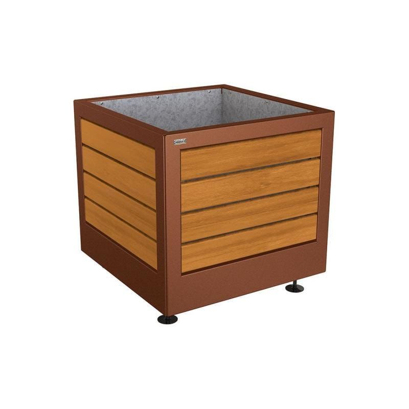 Pflanzbehälter, Stahl und Holz, verstellbare Füße, Innenverkleidung feuerverzinkt mit Verladungsgriffen, 700 x 800 x 800 mm (HxBxT), Farbe enzianblau