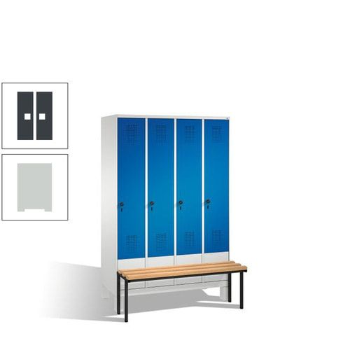 Stahl-Garderobenschrank, Spind, Buche Sitzbank vorgebaut, 4 Abteile a 300 mm, Korpus Lichtgrün, Tür Schwefelgelb, 1.850 x 1.200 x 815 mm (HxBxT)