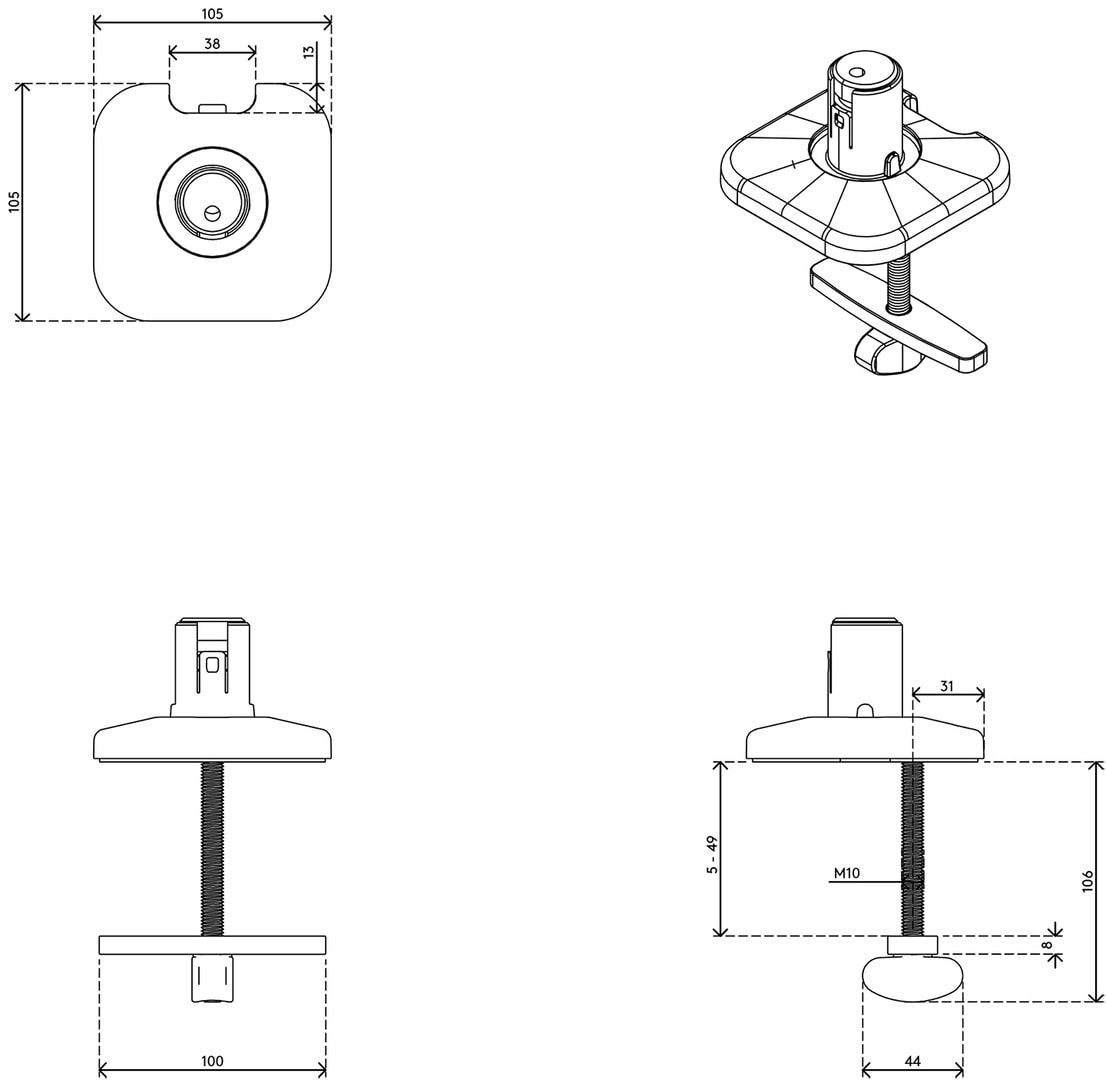 Durchtisch-Befestigung für Viewprime-Monitorhalter für 1 Monitor, Tischplatten mit 5 - 49 mm, Farbe: schwarz