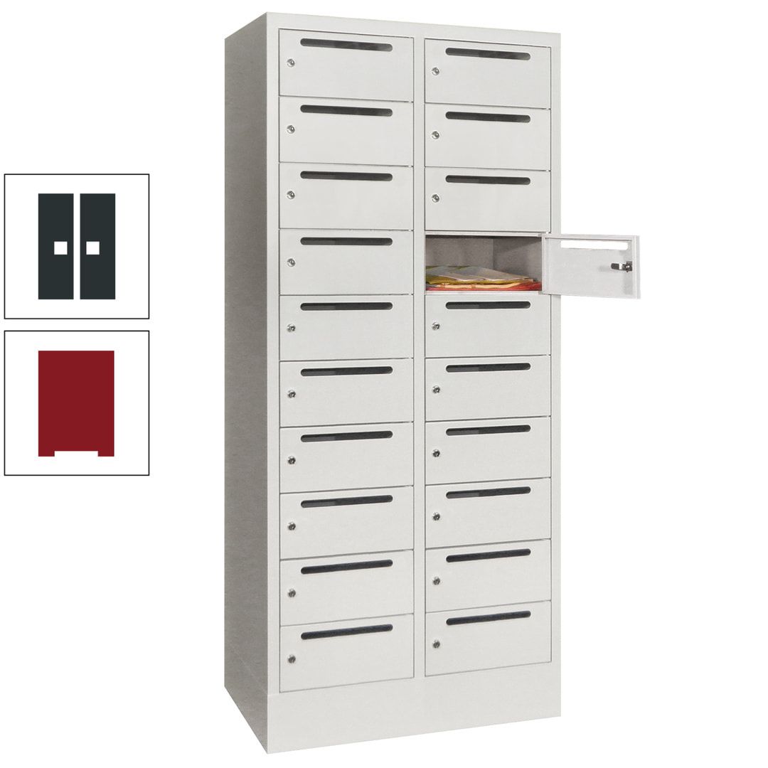 Postverteilerschrank, Schließfachschrank, 2 Abteile a 400 mm, 20 Fächer, 1.850 x 800 x 500 mm (HxBxT), Korpus anthrazitgrau, Front anthrazitgrau