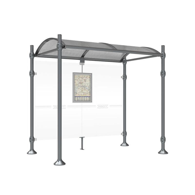 Buswartehalle, Unterstand, 2.500 x 2.500 x 1.600 mm (HxBxT), Kopfmodell Agora, ESG, Fahrplanschaukasten, Farbe enzianblau