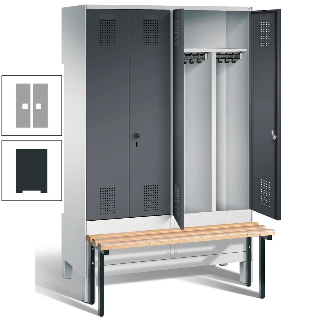 Doppel-Spind, Garderobenschrank, Buche Sitzbank vorgebaut, 4 Abteile a 300 mm, Korpus feuerrot, Tür Wasserblau, 1.850 x 1.200 x 815 mm (HxBxT)