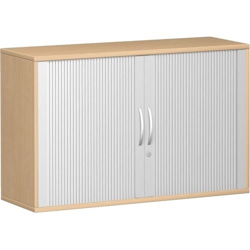 Anstell-Querrollladenschrank, Dekoreinlageboden, Stellfüße, abschließbar, 720 x 1.000 x 425 mm (HxBxT), Korpusfarbe Ahorn, Frontfarbe silber