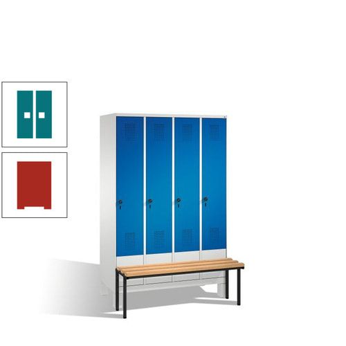 Stahl-Garderobenschrank, Spind, Buche Sitzbank vorgebaut, 4 Abteile a 300 mm, Korpus Lichtgrün, Tür Schwefelgelb, 1.850 x 1.200 x 815 mm (HxBxT)