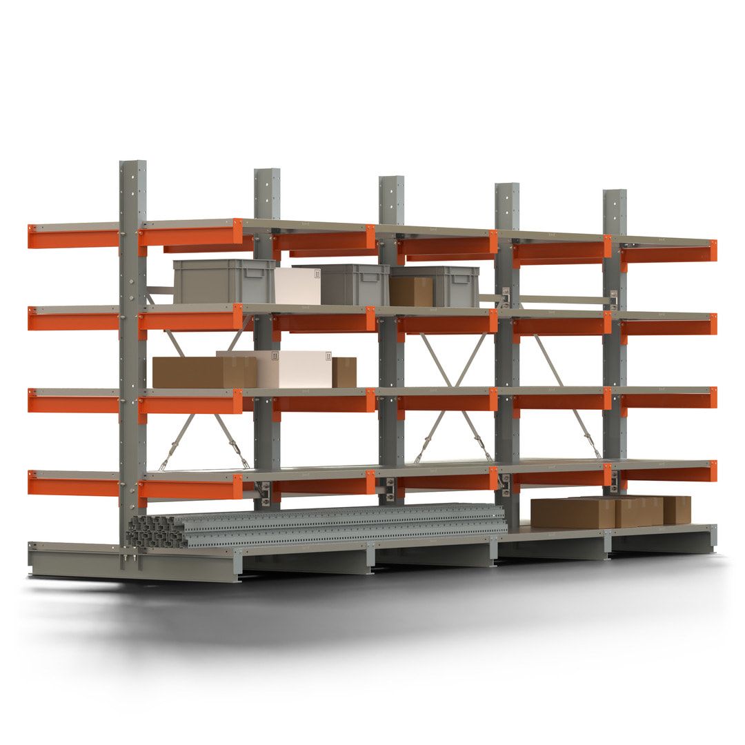 Doppelseitiges Kragarmregal mit Fachböden, 2 Felder, 2.000 x 2.000 (HxB), Nutztiefe 1.000 mm, Kragarmlast 450 kg, KARL basic, silbergrau/reinorange