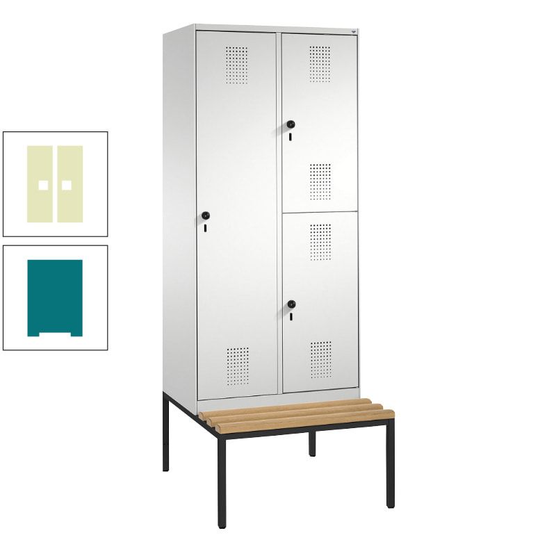 Garderobenschrank, Spind ein- und doppelstöckig Sitzbank, 2 Abteile, 3 Fächer, 2.090 x 800 x 500 mm (HxBxT), Front anthrazitgrau, Korpus anthrazitgrau