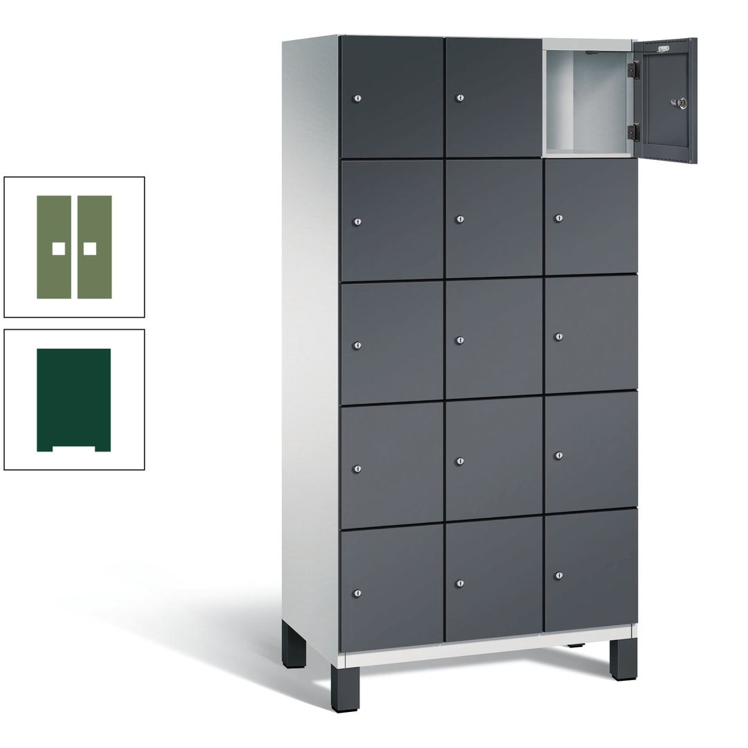 Fächerschrank, Stahlschrank, 15 Fächer, Türöffnungsbegrenzer, Füße, 1.980 x 900 x 525 mm (HxBxT), Korpus anthrazitgrau, Front anthrazitgrau