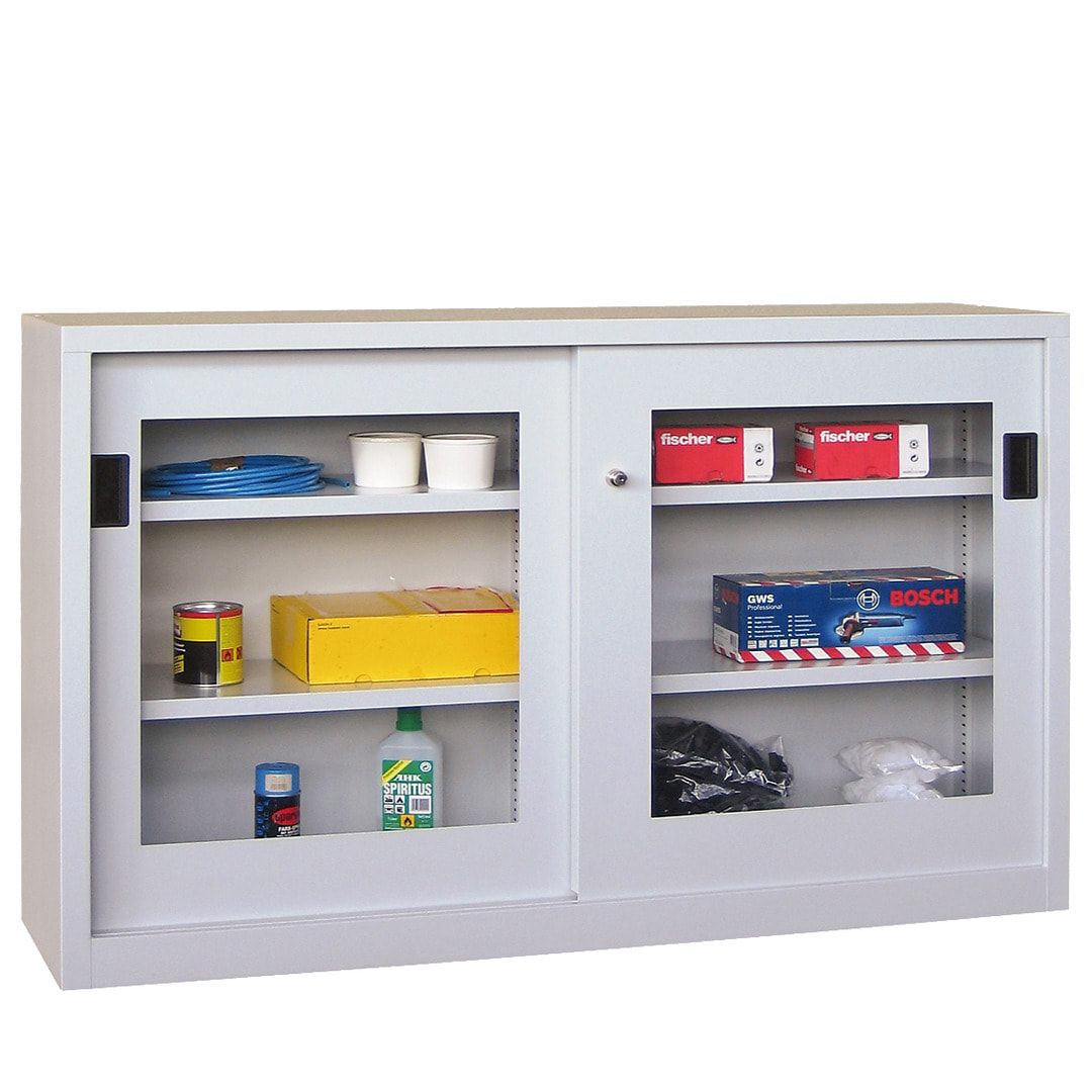 Schiebetürenschrank - Sichtfenstertüren - 1.000x1.500x600 mm (HxBxT) - 4 Böden, verzinkt - Zylinderschloss - anthrazitgrau