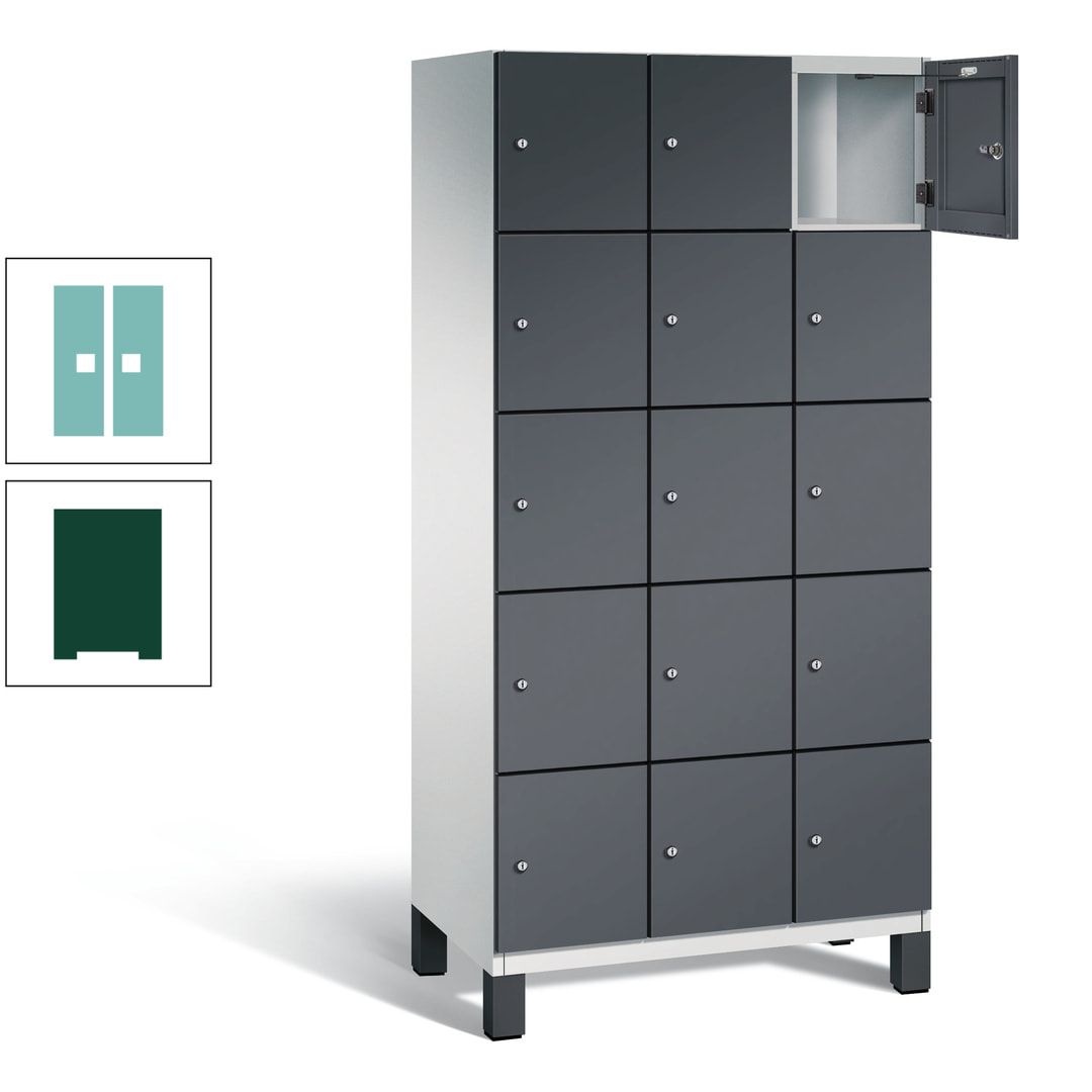 Fächerschrank, Stahlschrank, 15 Fächer, Türöffnungsbegrenzer, Füße, 1.980 x 900 x 525 mm (HxBxT), Korpus anthrazitgrau, Front anthrazitgrau
