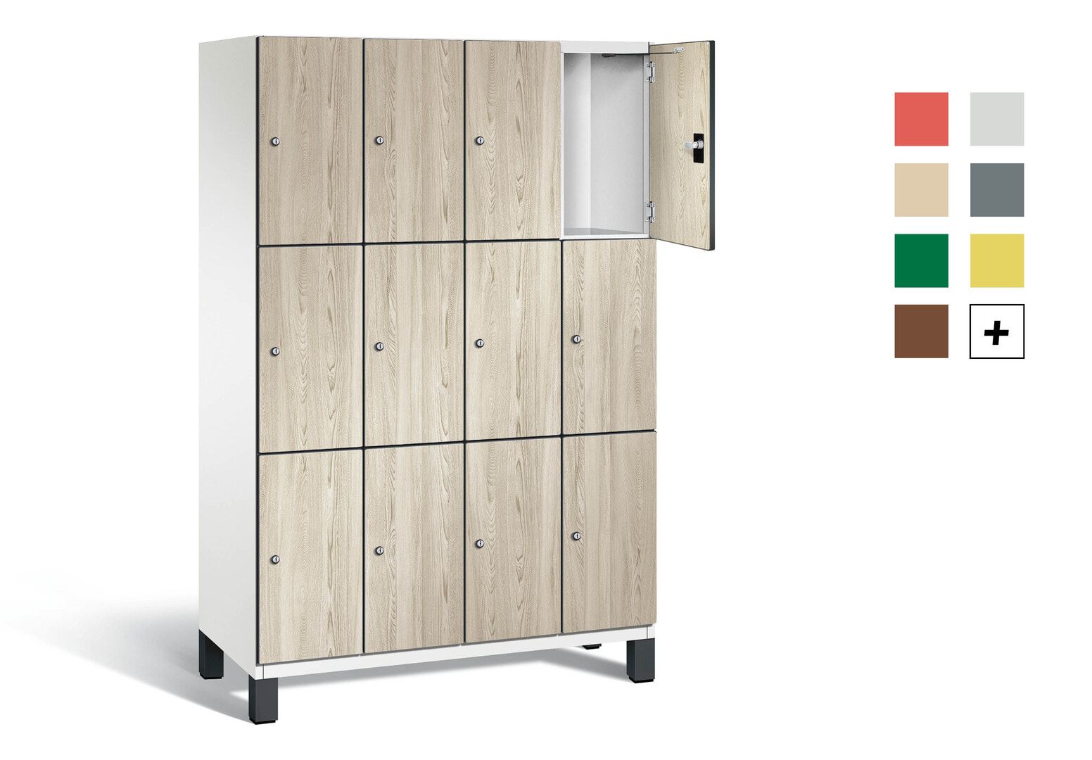 Fächerschrank, Stahlschrank, 12 Fächer, Türöffnungsbegrenzer, Füße, Korpus anthrazitgrau, Dekorfront HPL Donau-Ahorn, 1.980 x 1.200 x 525 mm (HxBxT)