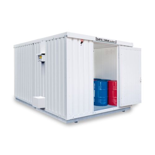 Isolierter Gefahrstoffcontainer - 2.510 x 4.050 x 4.340 mm (HxBxT) - Auffangvolumen 2 x 1.050 l - Dauerlüfter - Doppelflügeltür kurze Seite