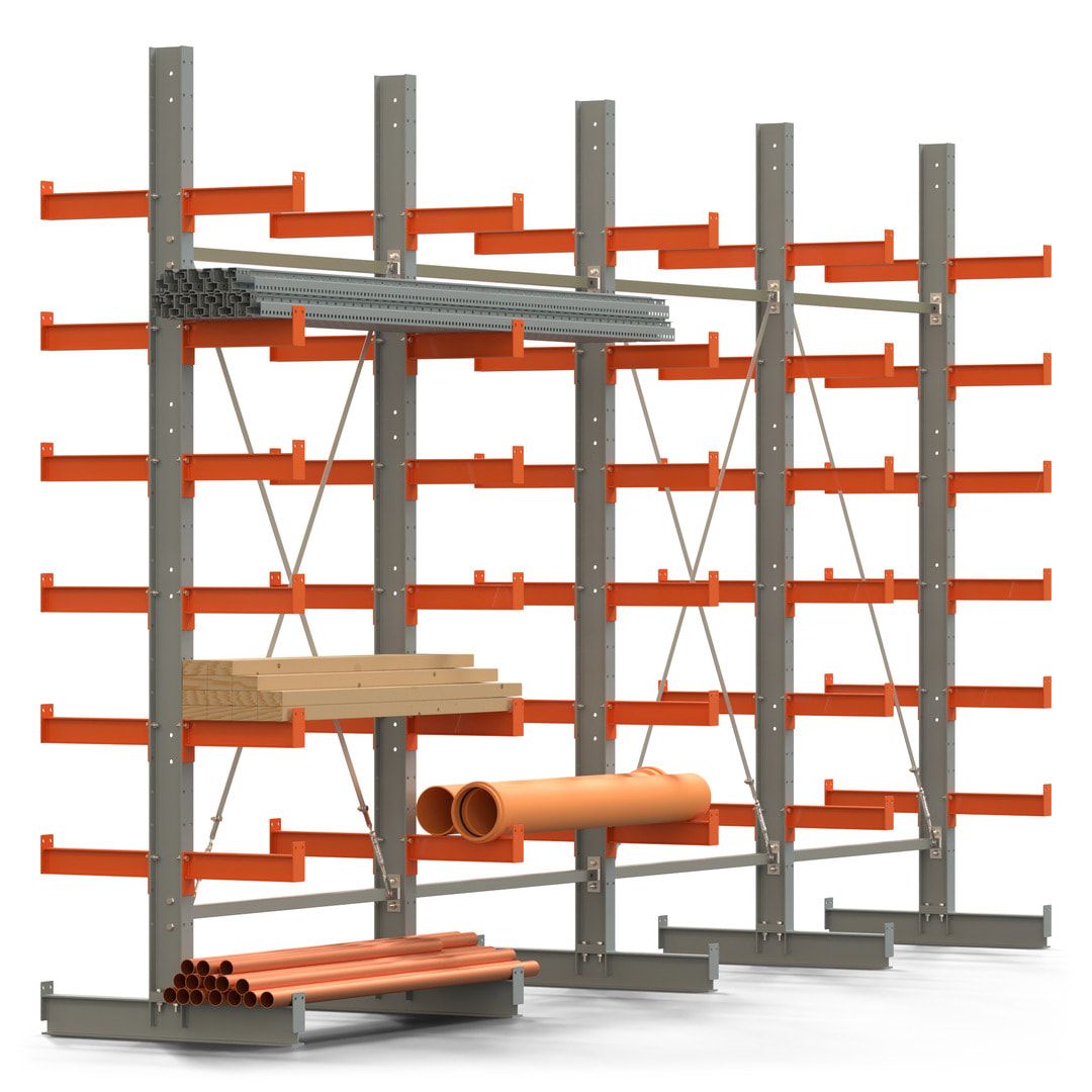 Doppelseitiges Kragarmregal, 2 Felder, 3.000 x 2.560 x 1.120 mm (HxBxT), Nutztiefe 500 mm, Kragarmlast 870 kg, KARL basic, silbergrau/reinorange