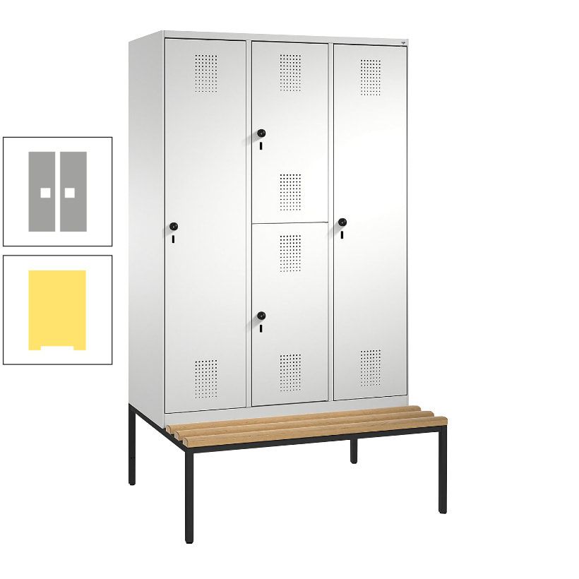 Garderobenschrank, Spind ein- und doppelstöckig Sitzbank, 3 Abteile, 4 Fächer, 2.090x1.200x500 mm (HxBxT), Front anthrazitgrau, Korpus anthrazitgrau