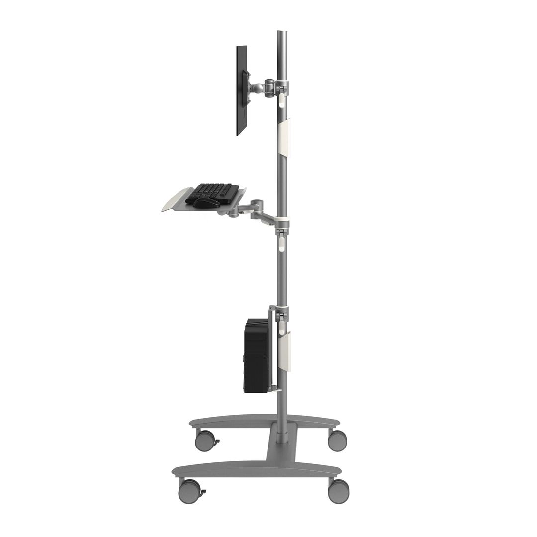 Dateneingabe-Trolley, Workstation, Arbeitsstation, Multimediastation, Monitorhalter, Computer, Rollen, 1.665 x 636 x 600 mm (HxBxT), Stahl, silber