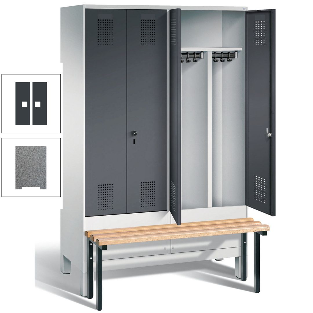 Doppel-Spind, Garderobenschrank, Buche Sitzbank vorgebaut, 4 Abteile a 300 mm, Korpus feuerrot, Tür Wasserblau, 1.850 x 1.200 x 815 mm (HxBxT)