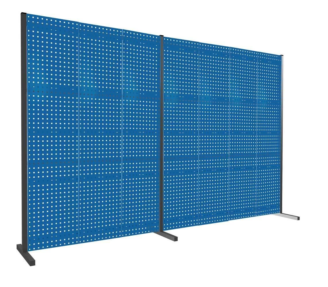 Modulare Trennwand, Werkzeugwand, Doppelfeld 180 Grad, 6 Lochplatten, Plattenhöhe 1.500 mm, 2.000 x 3.000 mm (HxB), Anthrazitgrau (RAL 7016)