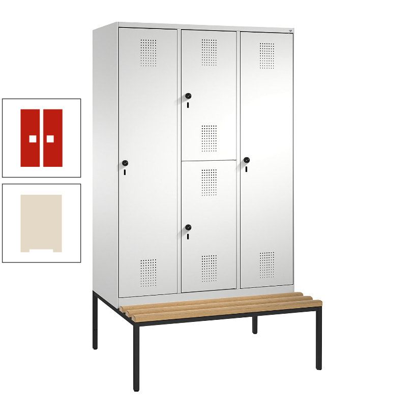 Garderobenschrank, Spind ein- und doppelstöckig Sitzbank, 3 Abteile, 4 Fächer, 2.090x1.200x500 mm (HxBxT), Front anthrazitgrau, Korpus anthrazitgrau