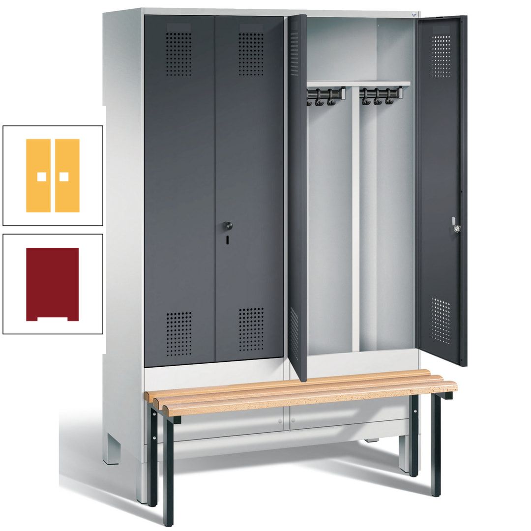 Doppel-Spind, Garderobenschrank, Buche Sitzbank vorgebaut, 4 Abteile a 300 mm, Korpus feuerrot, Tür Wasserblau, 1.850 x 1.200 x 815 mm (HxBxT)