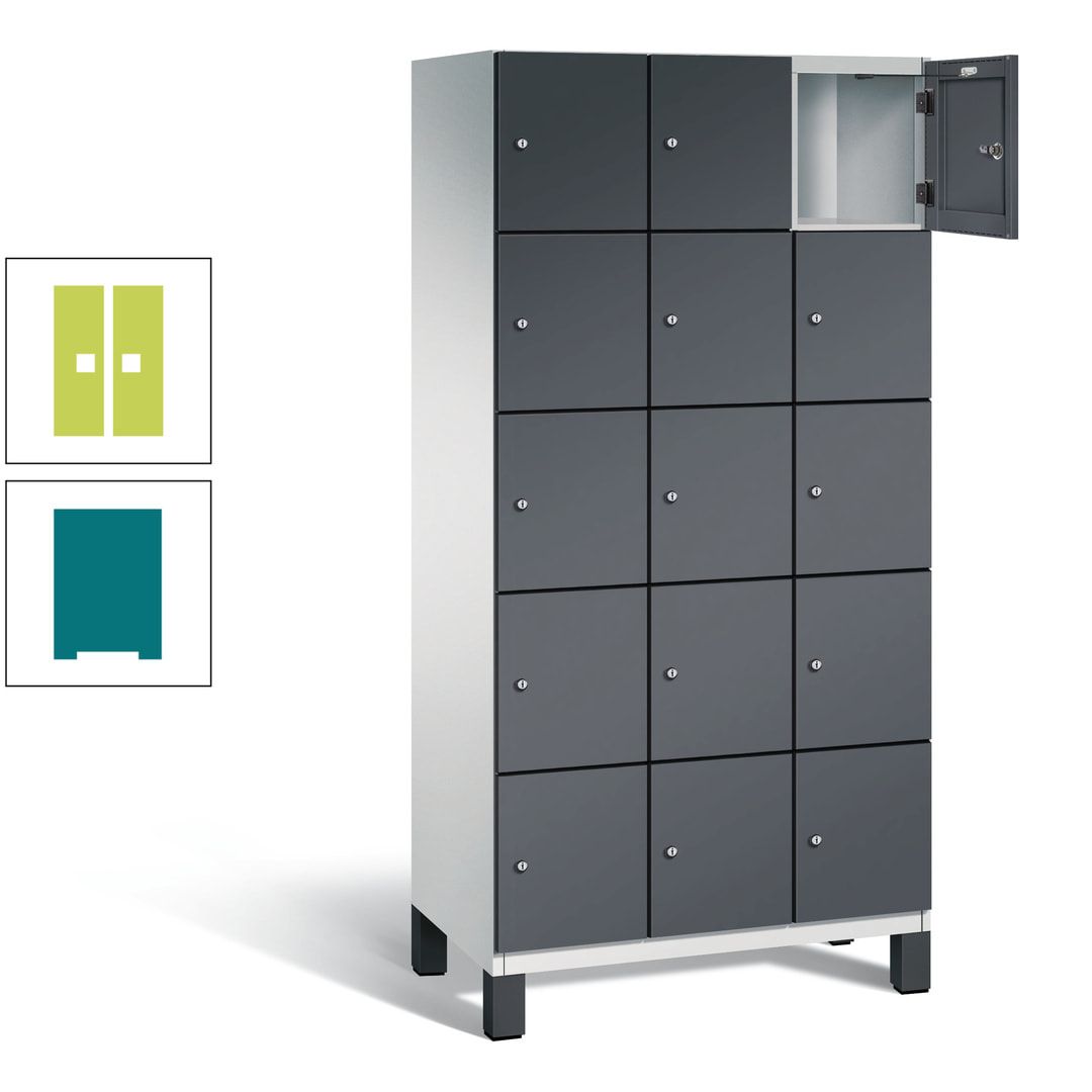Fächerschrank, Stahlschrank, 15 Fächer, Türöffnungsbegrenzer, Füße, 1.980 x 900 x 525 mm (HxBxT), Korpus anthrazitgrau, Front anthrazitgrau