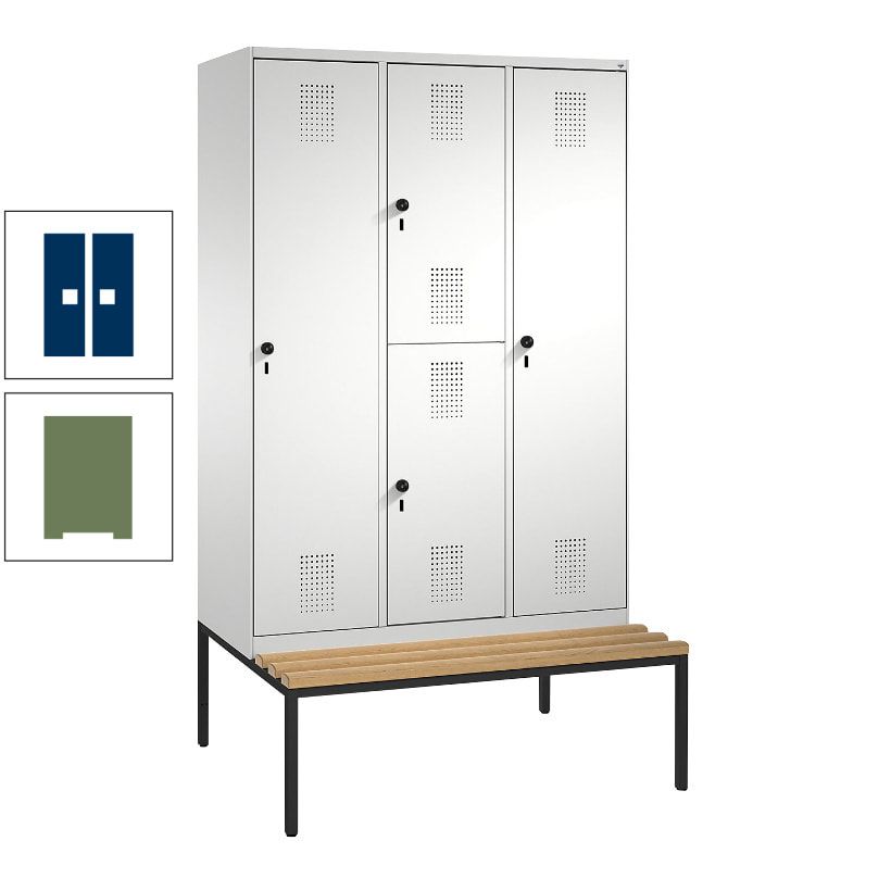 Garderobenschrank, Spind ein- und doppelstöckig Sitzbank, 3 Abteile, 4 Fächer, 2.090x1.200x500 mm (HxBxT), Front anthrazitgrau, Korpus anthrazitgrau