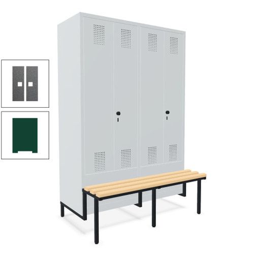 Doppel-Spind, Garderobenschrank, Buche Sitzbank integriert, 4 Abteile 300 mm, Korpus anthrazitgrau, Tür anthrazitgrau, 1.850 x 1.200 x 815 mm (HxBxT)