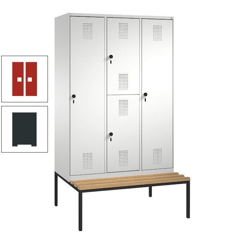 Garderobenschrank, Spind ein- und doppelstöckig Sitzbank, 3 Abteile, 4 Fächer, 2.090x1.200x500 mm (HxBxT), Front anthrazitgrau, Korpus anthrazitgrau