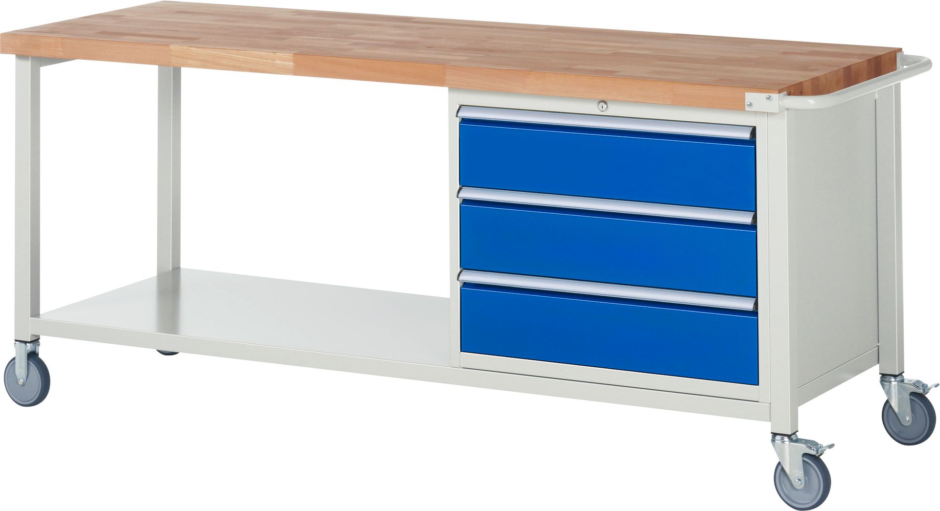 Mobile Werkbank mit Ablage - 3 XL Schubladen - Teilauszug - 180:3 - 880 x 2.000 x 700 mm (HxBxT) - 450 kg - Buche - Anthrazitgrau