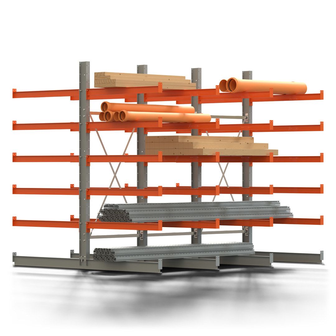 Doppelseitiges Kragarmregal, 2 Felder, 2.500 x 2.000 x 1.120 mm (HxBxT), Nutztiefe 500 mm, Kragarmlast 870 kg, KARL basic, silbergrau/reinorange