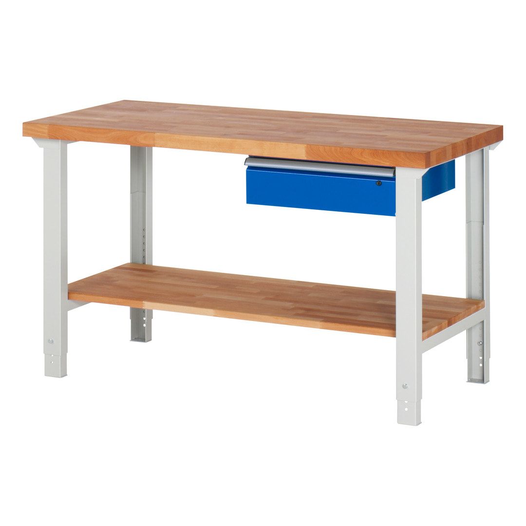 Werkbank mit Ablage - 1 Schublade - 150:1 - höhenverstellbar 790 - 1.140 mm - 1.500 x 700 mm (BxT) - 750 kg - Buche - Anthrazitgrau