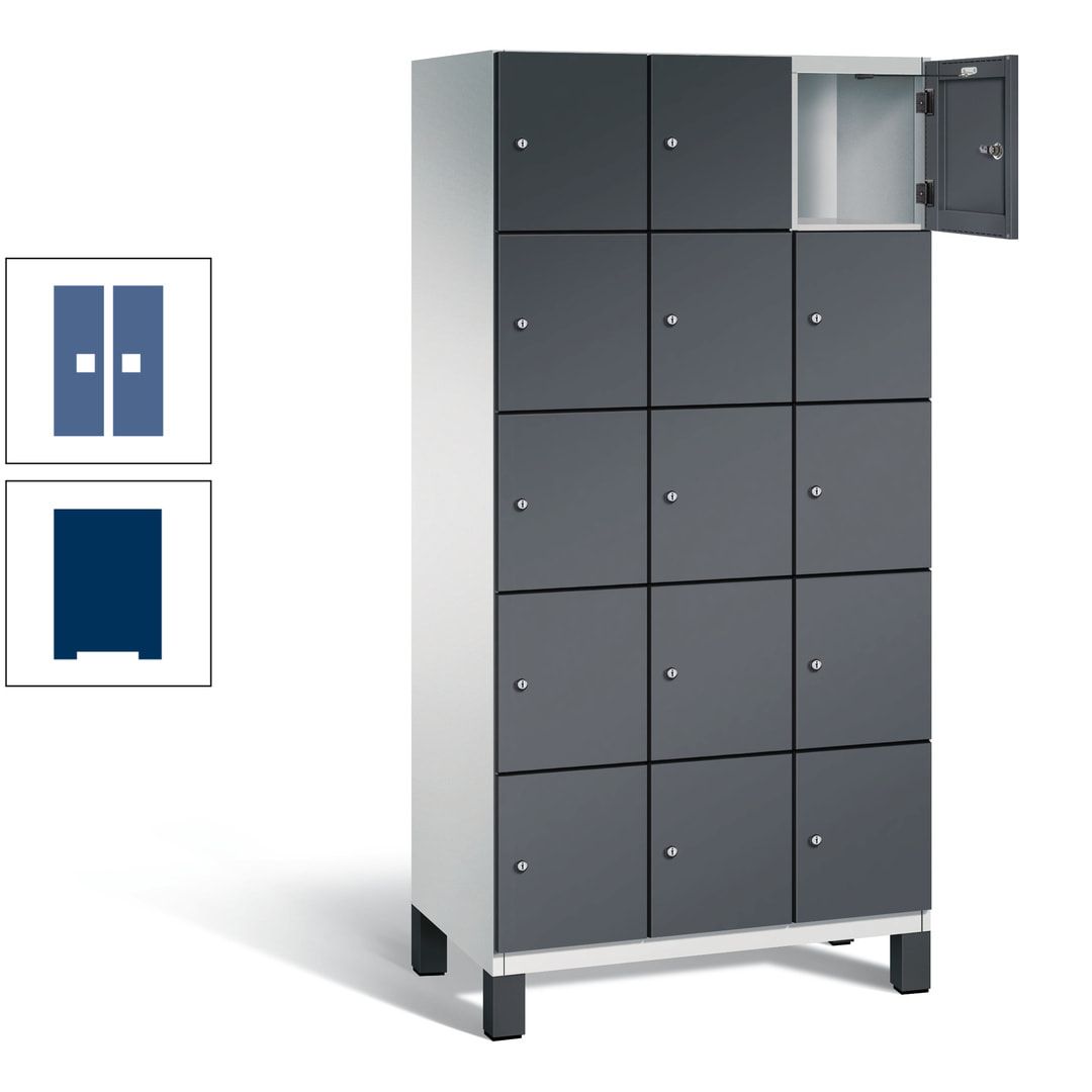 Fächerschrank, Stahlschrank, 15 Fächer, Türöffnungsbegrenzer, Füße, 1.980 x 900 x 525 mm (HxBxT), Korpus anthrazitgrau, Front anthrazitgrau