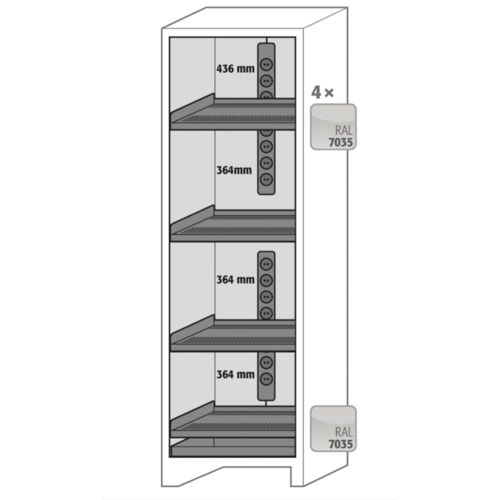 Sicherheitsschrank f.Li-Ion-Batterien, Anthrazitgrau/Enzianblau, 1.953 x 599 x 615 mm (HxBxT), Steckdosen, 4 Fachböden, Auffangwanne, Alarmkontakt