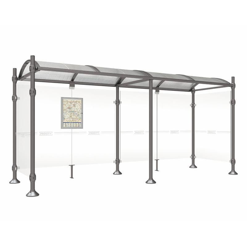 Buswartehalle, Unterstand, 2 Seitenwände, Kopf gebürsteter Edelstahl, ESG, Fahrplanschaukasten, 2.500 x 2.500 x 1.600 mm (HxBxT), Farbe enzianblau
