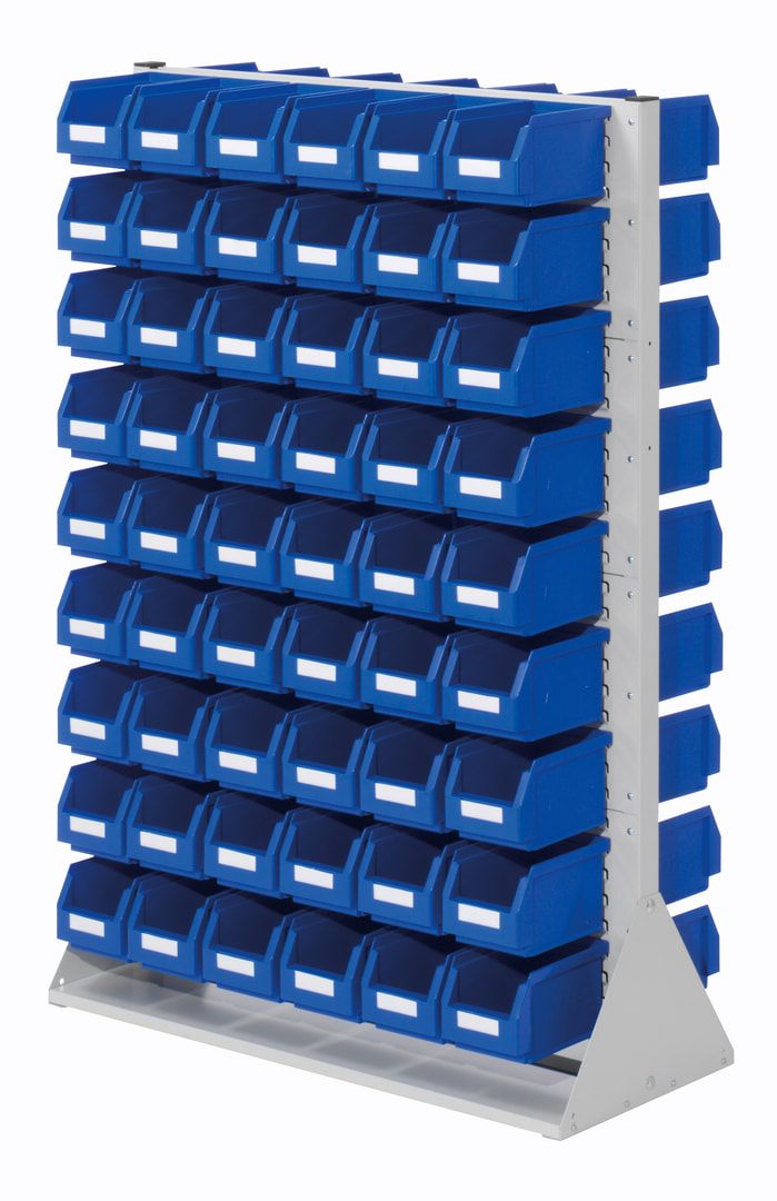 Stationäre Regalwand - Schlitzwand für Sichtlagerkästen - beidseitig - mit 108 Kästen bestückt - 1.450 x 1.000 x 430 mm (HxBxT)