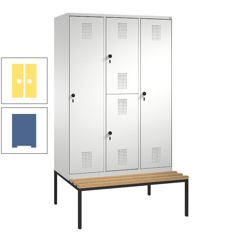 Garderobenschrank, Spind ein- und doppelstöckig Sitzbank, 3 Abteile, 4 Fächer, 2.090x1.200x500 mm (HxBxT), Front anthrazitgrau, Korpus anthrazitgrau