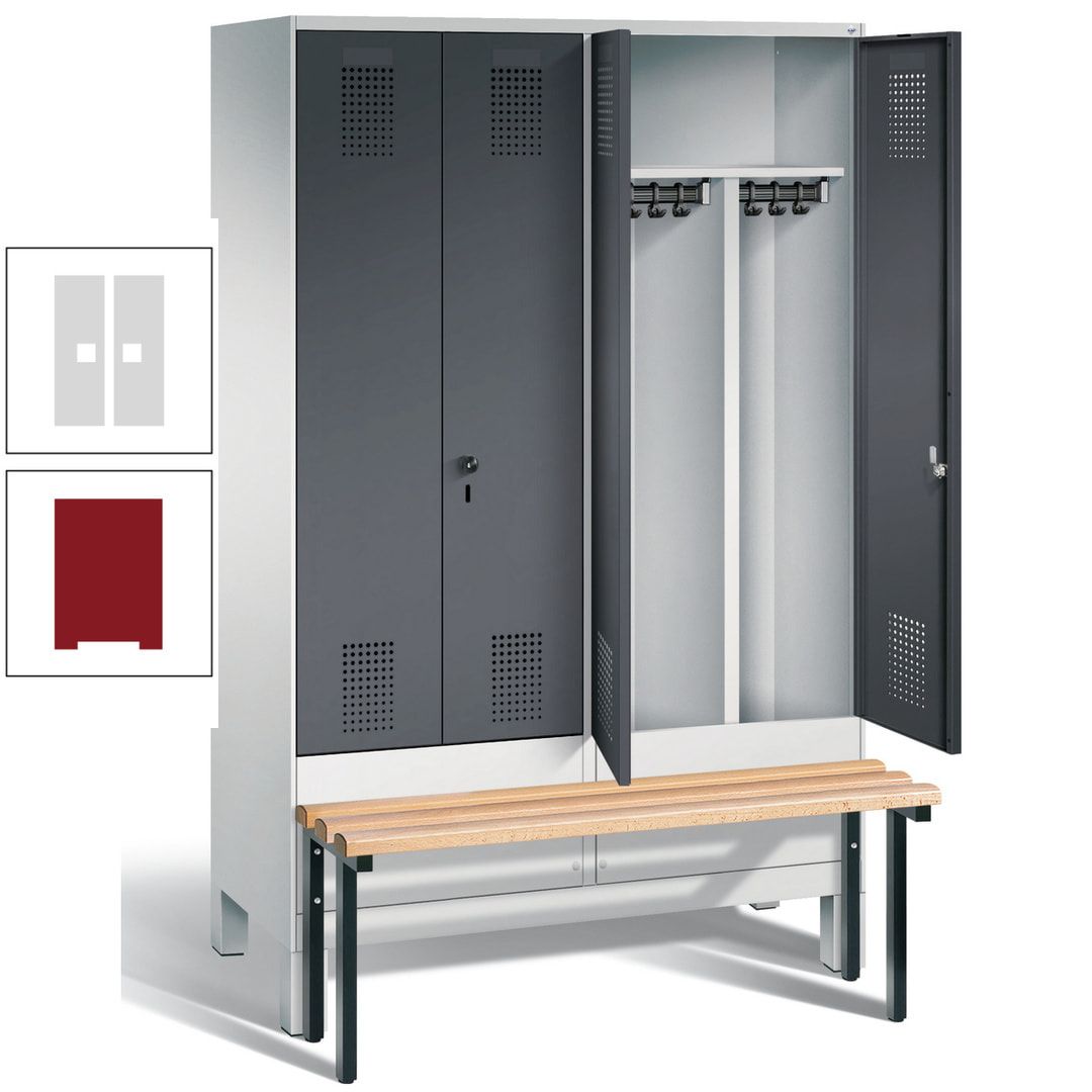 Doppel-Spind, Garderobenschrank, Buche Sitzbank vorgebaut, 4 Abteile a 300 mm, Korpus feuerrot, Tür Wasserblau, 1.850 x 1.200 x 815 mm (HxBxT)