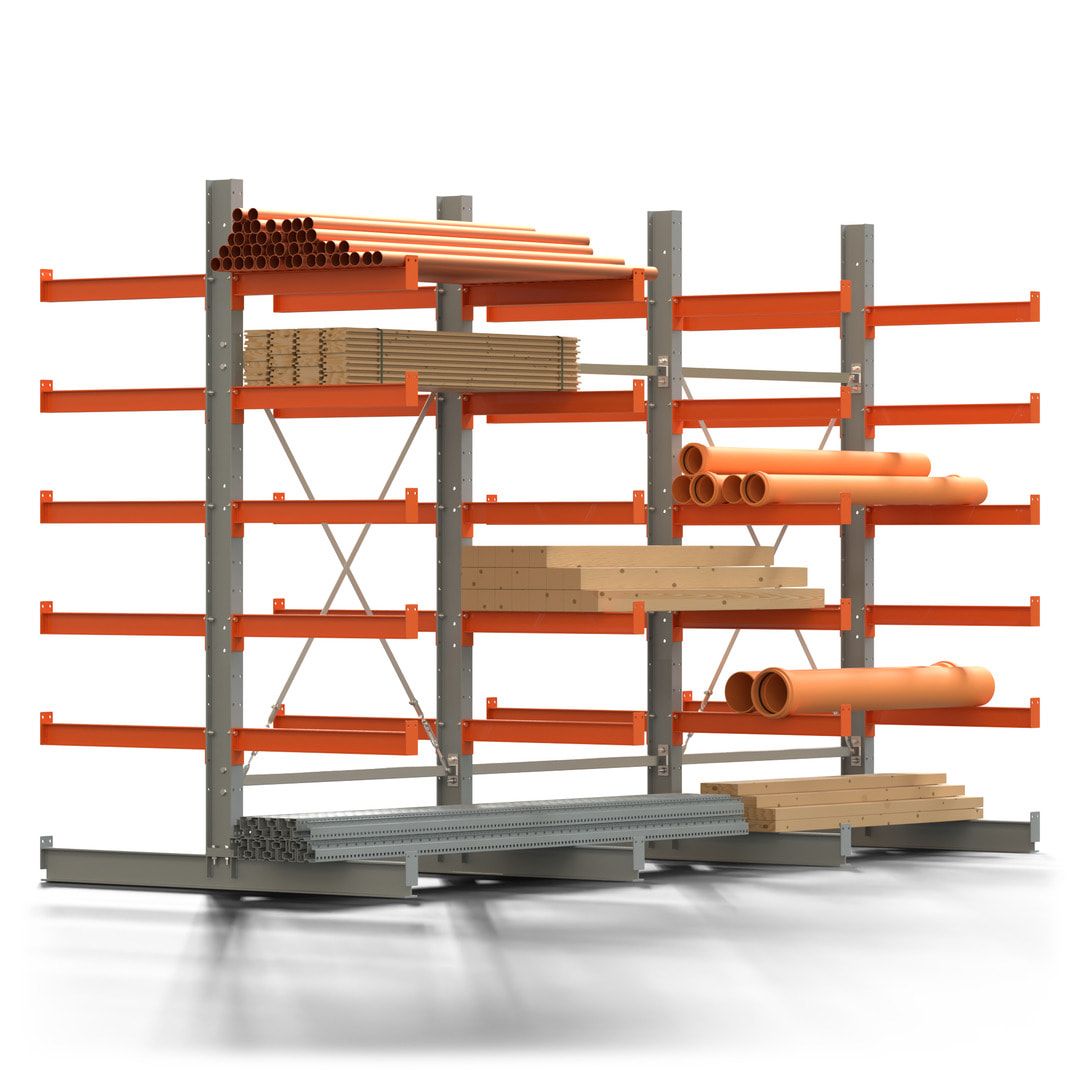 Doppelseitiges Kragarmregal, 2 Felder, 2.500 x 2.560 x 1.120 mm (HxBxT), Nutztiefe 500 mm, Kragarmlast 870 kg, KARL basic, silbergrau/reinorange