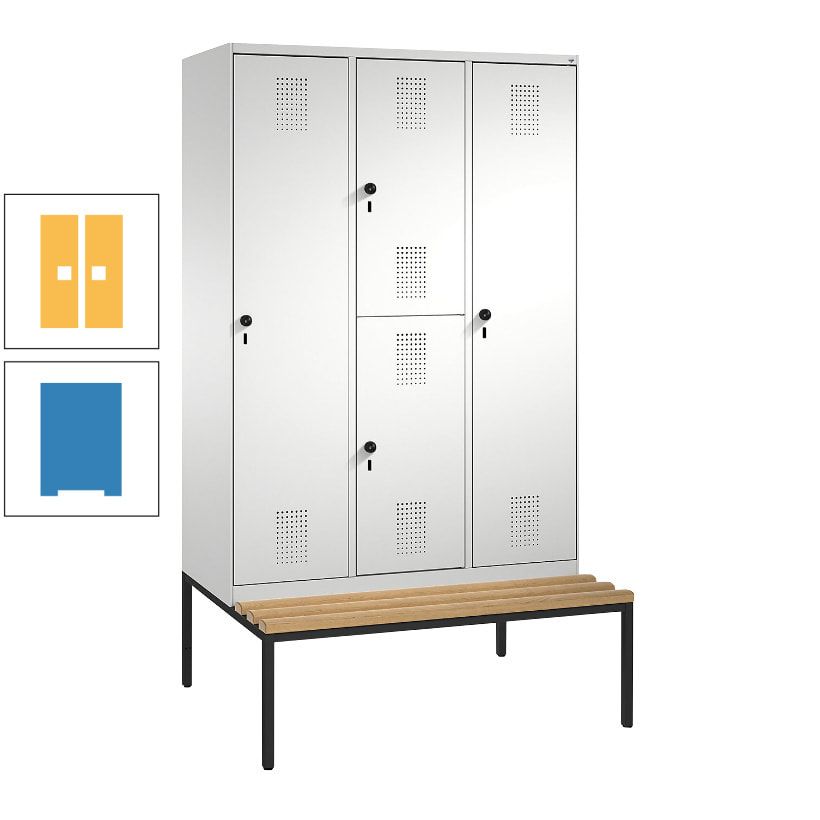 Garderobenschrank, Spind ein- und doppelstöckig Sitzbank, 3 Abteile, 4 Fächer, 2.090x1.200x500 mm (HxBxT), Front anthrazitgrau, Korpus anthrazitgrau