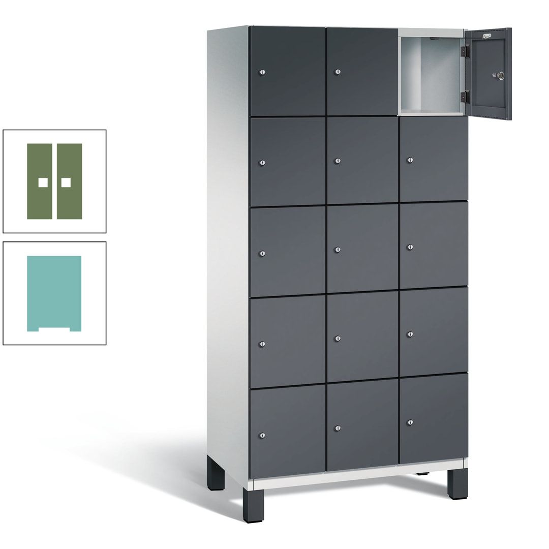 Fächerschrank, Stahlschrank, 15 Fächer, Türöffnungsbegrenzer, Füße, 1.980 x 900 x 525 mm (HxBxT), Korpus anthrazitgrau, Front anthrazitgrau