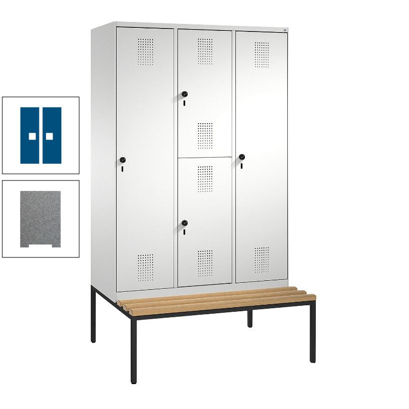 Garderobenschrank, Spind ein- und doppelstöckig Sitzbank, 3 Abteile, 4 Fächer, 2.090x1.200x500 mm (HxBxT), Front anthrazitgrau, Korpus anthrazitgrau