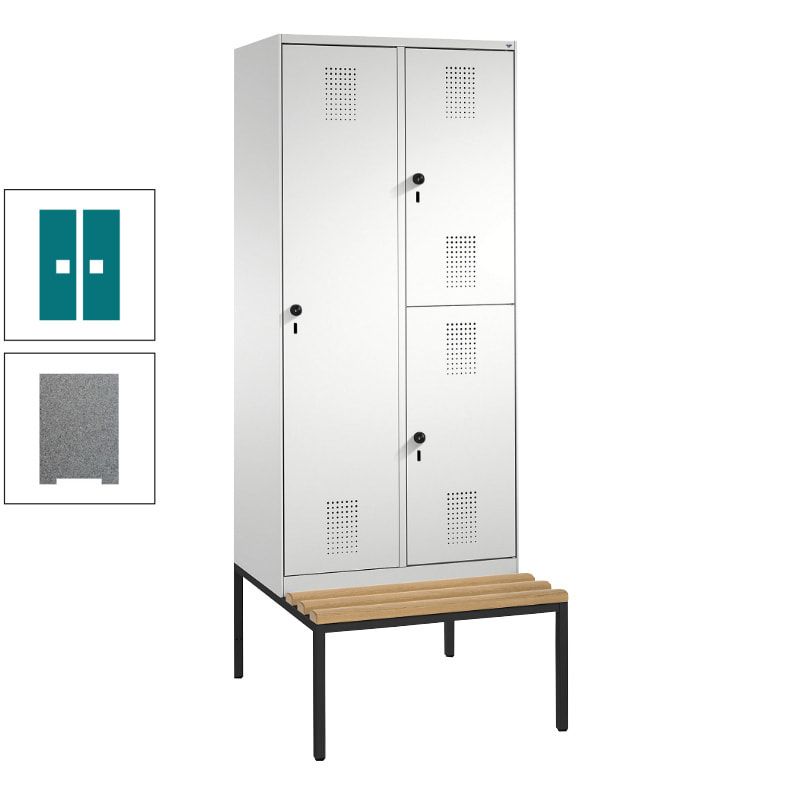 Garderobenschrank, Spind ein- und doppelstöckig Sitzbank, 2 Abteile, 3 Fächer, 2.090 x 800 x 500 mm (HxBxT), Front anthrazitgrau, Korpus anthrazitgrau