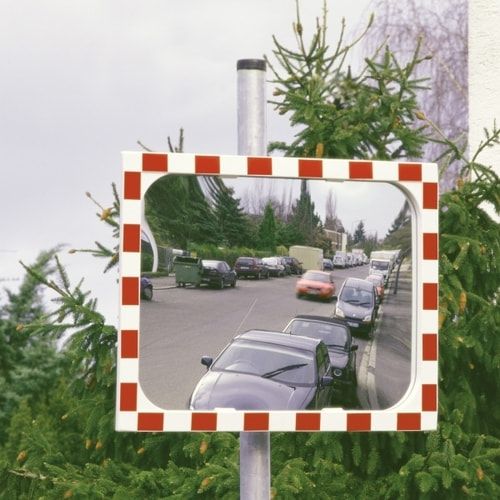 Beheizter Verkehrsspiegel, Beobachtungsspiegel mit Sicherheitsglas - rechteckig - rot/weiß - Montagefertig - 400 x 600 mm (HxB) - innen und außen