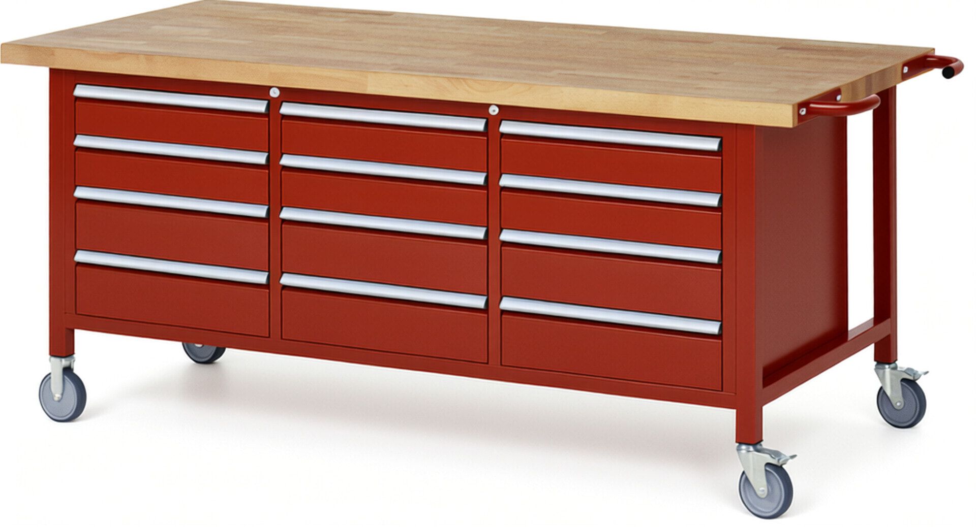 Mobile Werkbank, 12 Schubladen - Teilauszug - 120:6 / 150:6 - Höhe 880-1.080 mm - 2.000 x 900 mm - 450 kg - Buche - Anthrazitgrau