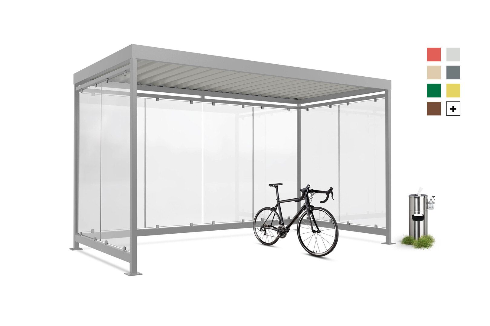 Fahrradunterstand, Raucherunterstand, Bausatz, 12-13 Personen, 2.510 x 4.195 x 2.165 mm (HxBxT), 8 Wände, Patinagrün