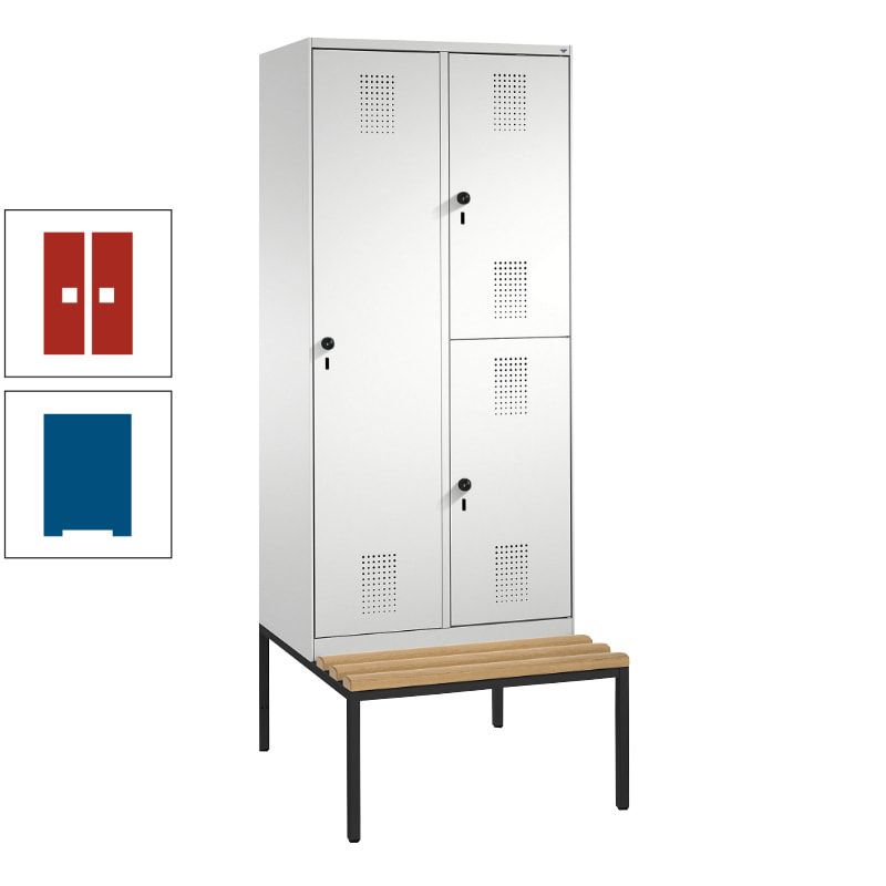 Garderobenschrank, Spind ein- und doppelstöckig Sitzbank, 2 Abteile, 3 Fächer, 2.090 x 800 x 500 mm (HxBxT), Front anthrazitgrau, Korpus anthrazitgrau