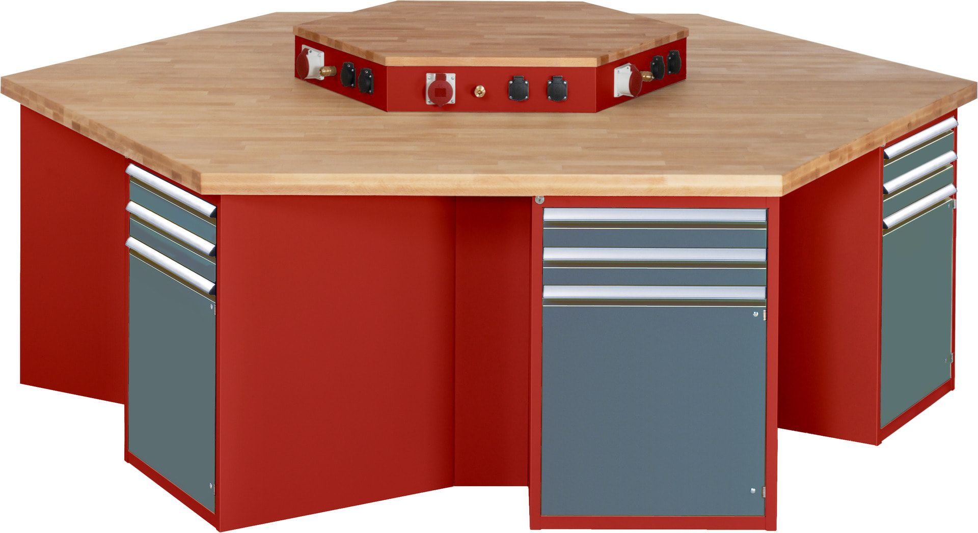 Gruppenwerkbank, Buche, Höhe 840 mm, mit Energieaufsatz, Unterbau-Container, 2 Schubladen, 1 Tür, 1 Boden - Anthrazitgrau